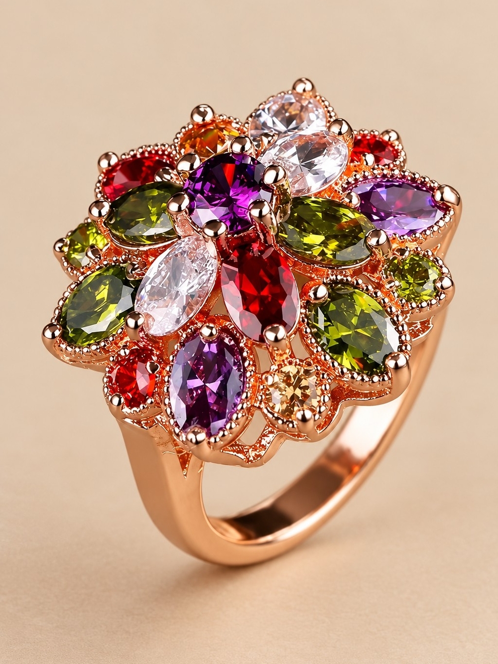 Multigem Floral Cluster Ring in Rose Gold Tone